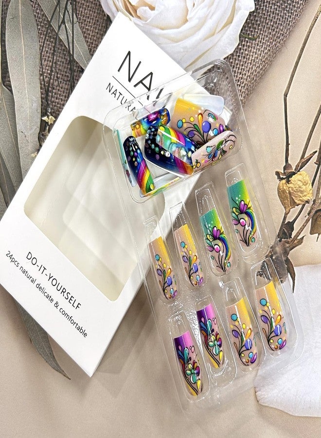 TBRZTR Press on Nails Medium Square Nails Gradient Acrylic Nails Colorful Stripe Design Artificial Nails Flower Smudge False Nails Full Cover Glossy Glue on Nails 24Pcs Stick on Nails for Women - Image 5